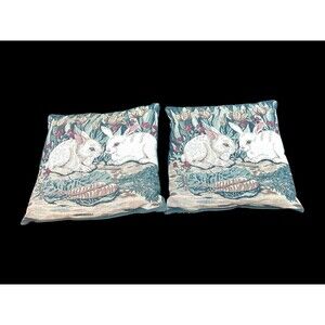 Vtg Pair Fashion Bunny Rabbits Tapestry Accent Throw Pillows 16" Spring Garden
